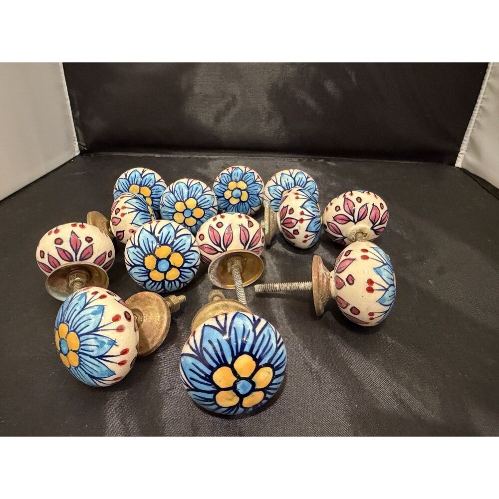Lot 13 Hand Painted Ceramic Floral Cabinet Drawer Knobs Brass Hardware Vintage